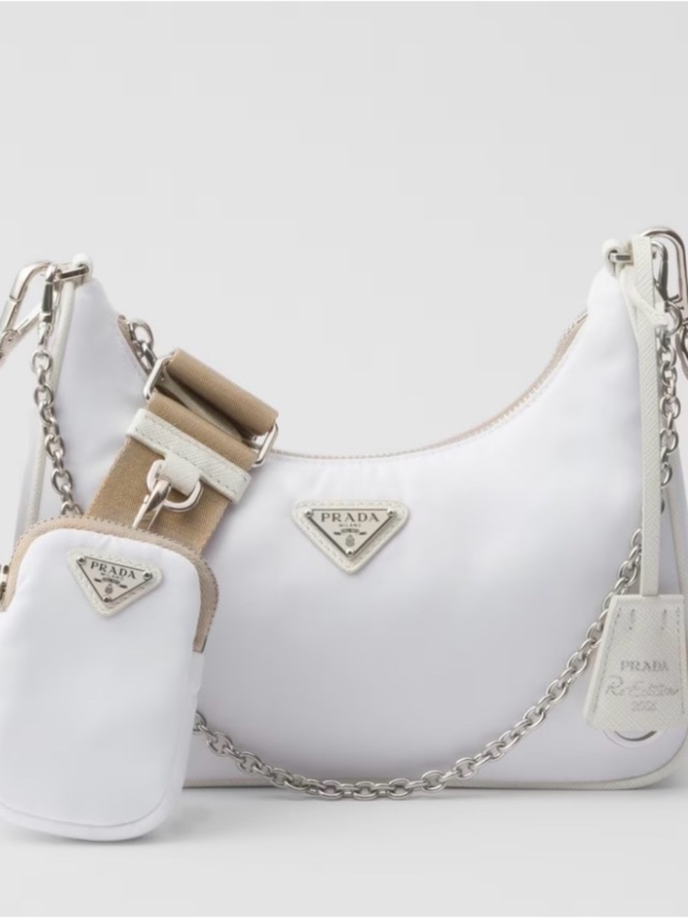 Prada White Nylon Shoulder Bag with Beige Accent Strap and Detachable Pouch
